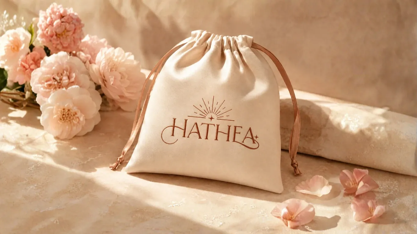 Une pochette en tissu crème fermée par deux rubans cuivrés, marquée du mot-symbole HATHEA en cuivre, posée dans une lumière chaude entre des pivoines roses et quelques pétales