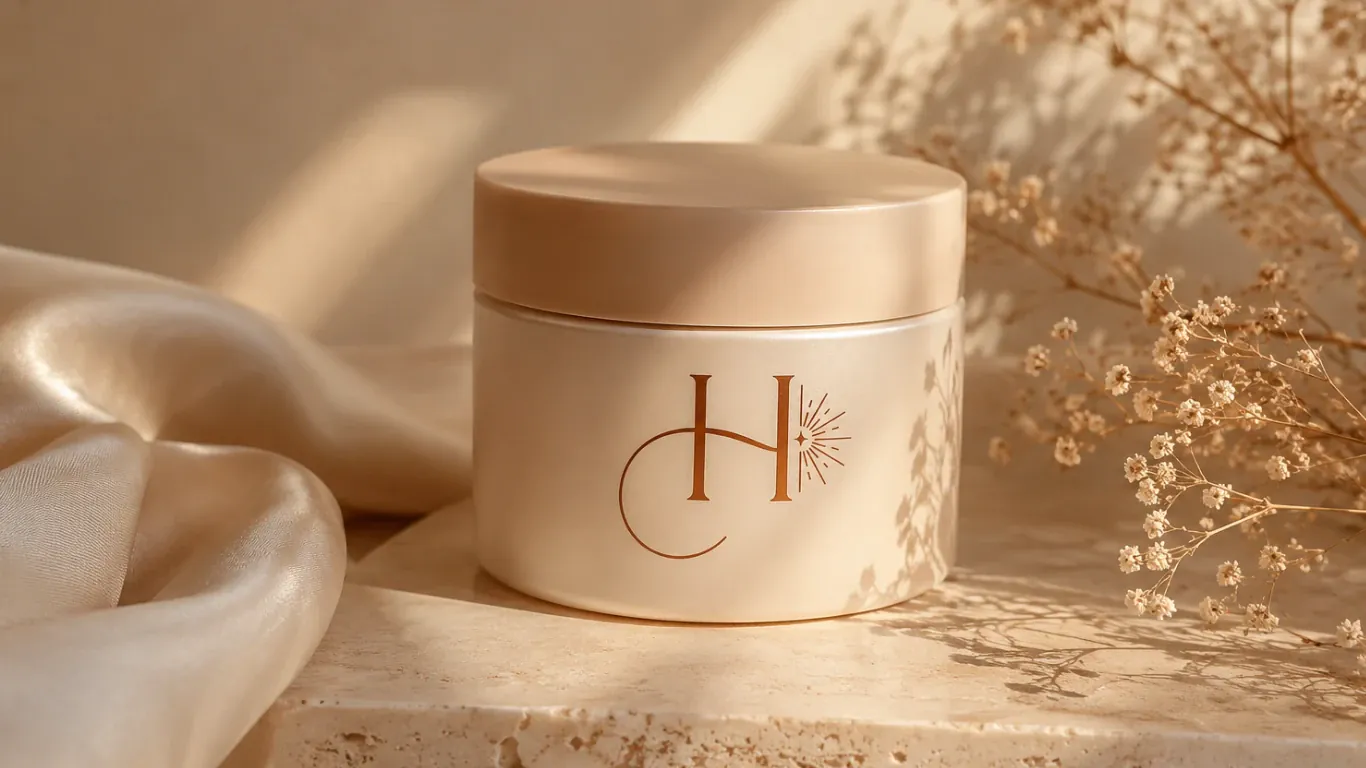 Un pot crème au couvercle beige, marqué en cuivre du H de HATHEA et de sa couronne solaire, posé sur une pierre claire entre un voile de soie et des branches de gypsophile séchée